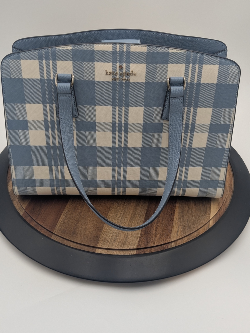 Kate Spade New York Blue Plaid Saffiano Leather Satchel Crossbody Bag